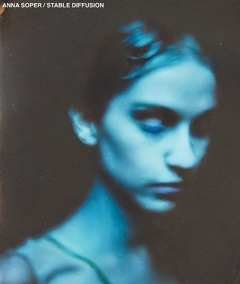 A gallery of six images generated by AI in the style of Paolo Roversi. The images feature models with light and dark skin, and the images are atmospheric, accented with stars and tendrils of light. The colours are sepia, inky-blue and green.