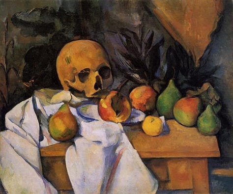 Image credits from top-right clockwise: "Still Life with Skull" by Paul Cezanne (1898), “Still Life with a Basket of Fruit and a Bunch of Asparagus" by Louisse Moillon (1630), “Still Life with Fruits in Porcelain” by Jacob van Es (1630), “Still Life with a Pewter Jug and Pink Statuette by Henri Matisse (1910), “The Basket of Apples” by Paul Cezanne (1895), Vanitas Still Life by Dutch artist Pieter Claesz (1630s)