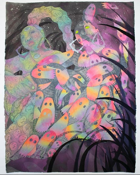 4 images of multimedia artworks of varying subjects and elements, including figures, ghosts, eyes, and natural elements.