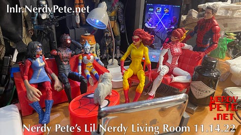 Various action figures from my collection lounging in a 3d printed living room with hard wood floors (it's actually my wood-grain desktop).