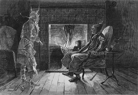Various artists' rendering of Scrooge's confrontation with Marley's ghost