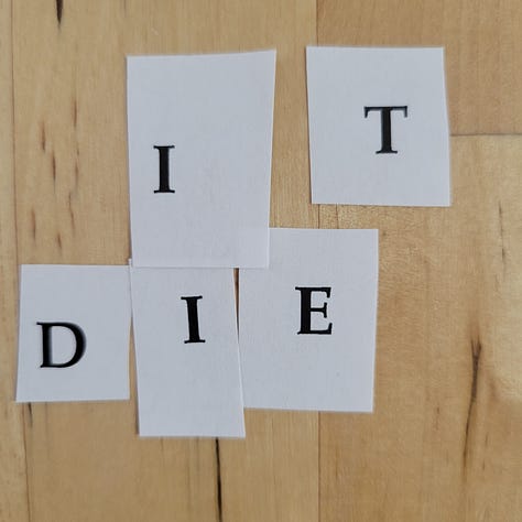 letters cut up from paper or rearranged from Scrabble tiles