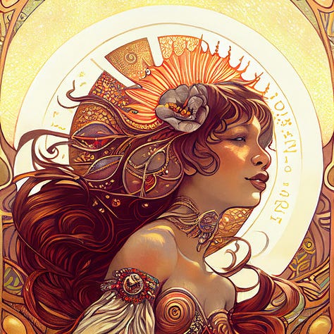 a series of body positive images of Black, Indigenous, Asian and mixed-race women in the style of Alphonse Mucha and other Art Nouveau artists