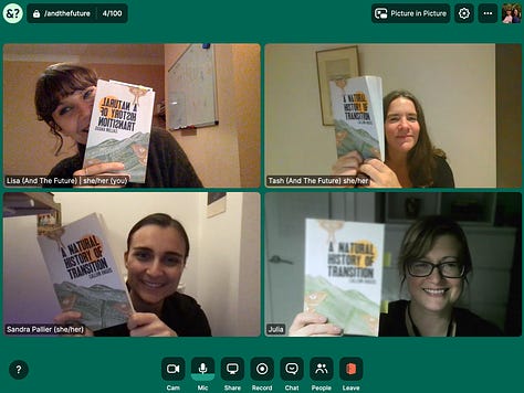 A gallery of screenshots showing the online book club meet up attendees holding their books into the camera and smiling