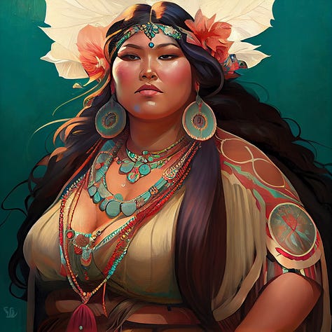 a series of body positive images of Black, Indigenous, Asian and mixed-race women in the style of Alphonse Mucha and other Art Nouveau artists
