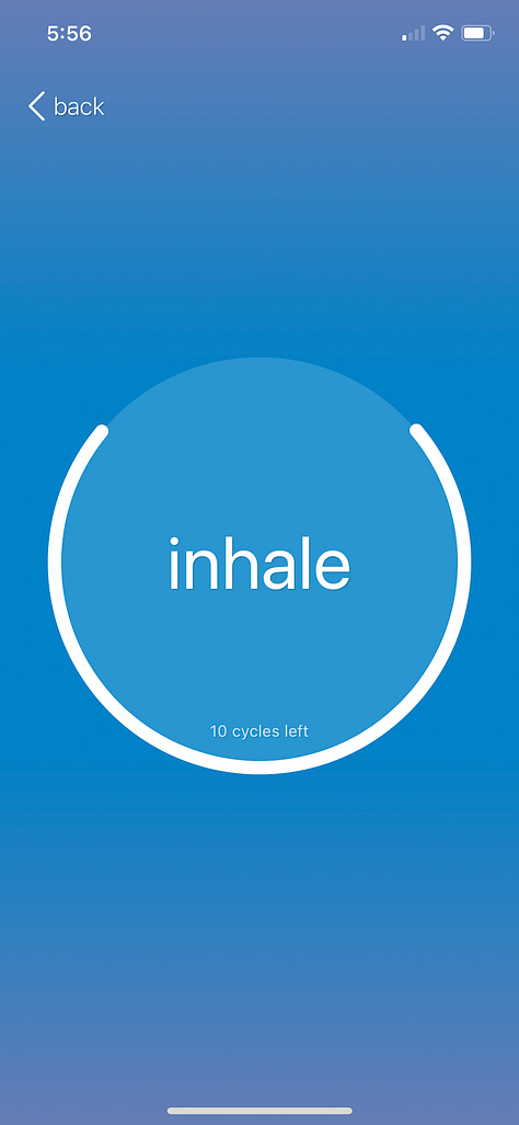 Screenshots of the inhale, hold, and exhale screens from the iBreathe app