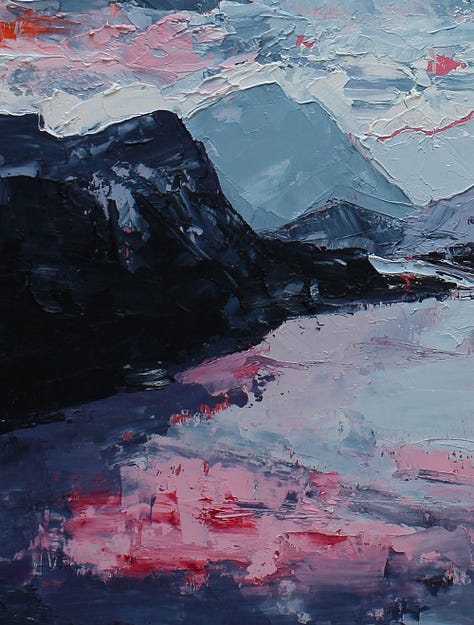 Series of oil paintings by Julia Bethan, blues, pinks and whites. Paintings are abstract oils of landscapes and stars.