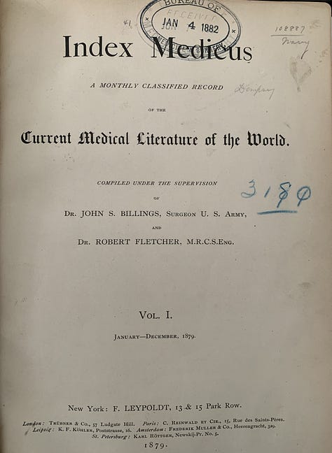 gallery of 3 images: first image is of bookshelves with print Index Medicus volumes; second image is closeup of vol 1 1879 to vol 4 1882 of Index Medicus; third image is closeup of vol 1 1879 title page stating it is the "current medical literature of the world".