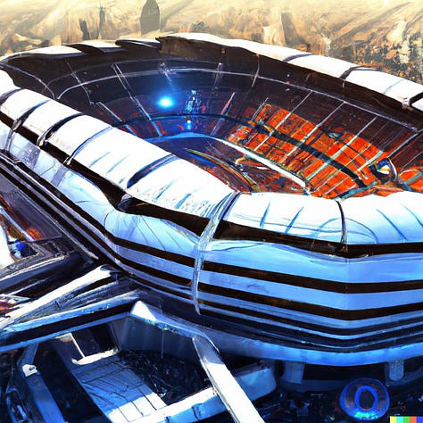"Futuristic football (soccer) stadium, crowded, various styles"
