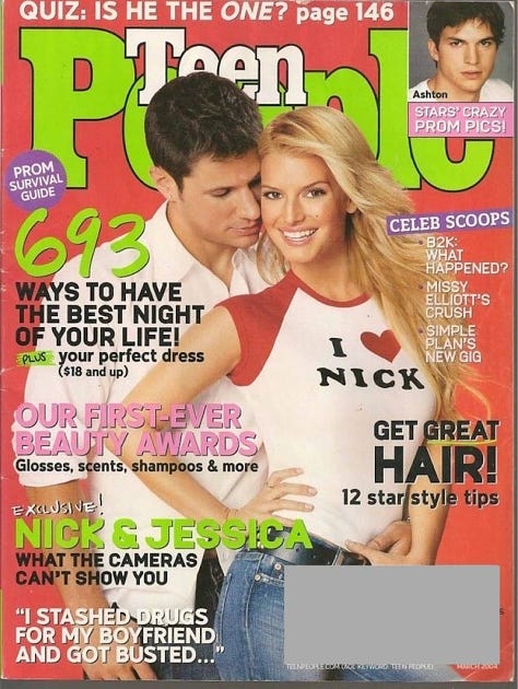 Teen People magazine covers from the early 2000s. They feature bright covers with lots of text and photos of celebrities and pop stars.