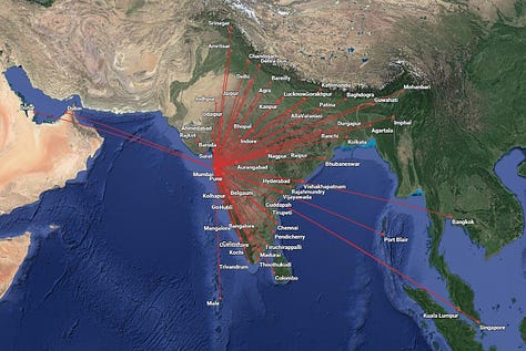 Gallery of route maps for the following Patel Air hub airports: 1) Bangalore-BLR (HQ City); 2) Ahmedabad-AMD; 3) Delhi-DEL; 4) Kolkata-CCU; 5) Hyderabad-HYD; 6) Mumbai-BOM; 7) Chennai-MAA; 8) Goi-GOI; and 9) Nagpur-NAG. (Map links also available in Destinations list following.)