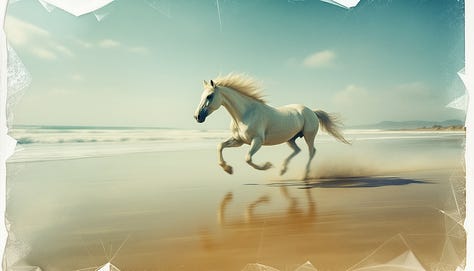 A horse galloping on the beach, as if captured on a manipulated instant film Polaroid, with peeling emulsion and a surreal sense of motion.