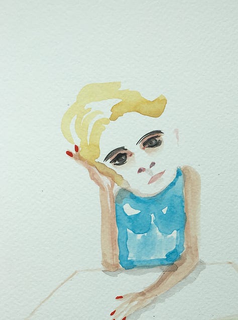 paintings of little women doing things in blue dresses