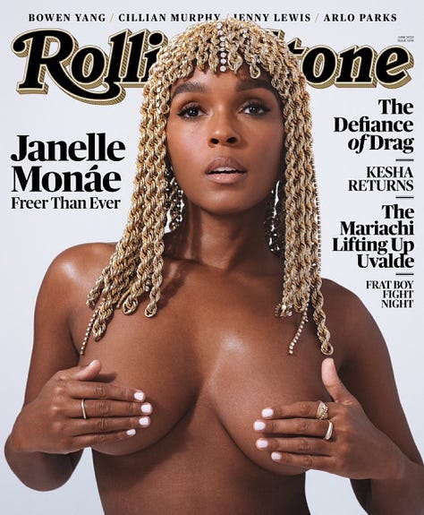 Left Janelle Monae on the cover of Rolling Stone, center on the cover of her new album, and right her new Twitter avatar