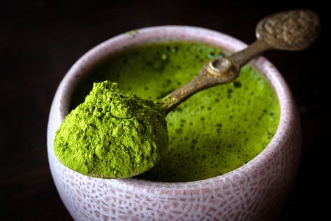 a photo of tencha being harvested, a photo of tencha being ground into matcha by stone mill, a photo of matcha powder.