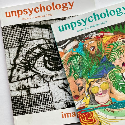 The grid shows images from the second Imaginings edition of Unpsychology Magazine, together with the two 2023 editions displayed side by side.