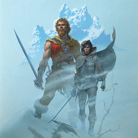 LEFT: Detail from SWORDS AND ICE MAGIC featuring Fafhrd and Grey Mouser in a mountaintop flurry with a rocky peak of ghastly faces rising behind them. CENTER: Close detail from SWORDS AND ICE MAGIC featuring a bearded Fafhrd with short and curly tousled red hair. A bandolier of buckled metal crosses over his sleeveless scarlet tunic. One strap tucks under the fur collar. His arms are bare to the elements. He wears a long bracer on his sword arm. He holds a blade angled up and at the ready. The handle of another sword can be seen at his hip. RIGHT: Close detail from SWORDS AND ICE MAGIC featuring Grey Mouser with his hood up and cloak whipping in the wind. His drab tunic has short sleeves, but his arms are covered to the elbow by long gloves. A long dagger hangs from his hip. He holds a thin rapier angled down. A flap of fabric, perhaps a small empty pouch, is caught by the wintry wind, but absently caught at the knuckled of his hooked index finger.