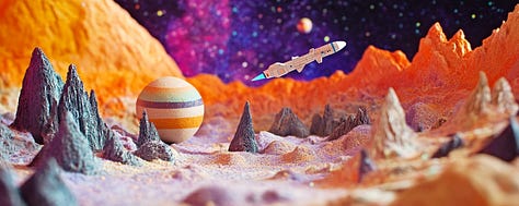 miniature diorama cardboard planet with space station in cosmic and psychedelic landscape