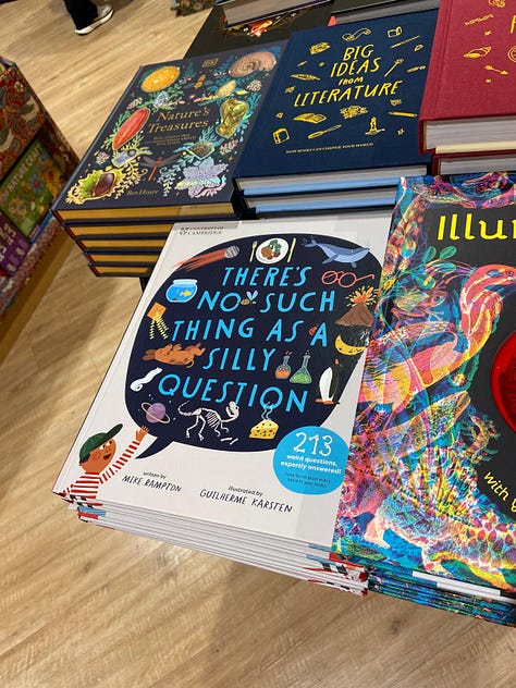 Six fairly samey images of There's No Such Thing As A Silly Question on shop shelves