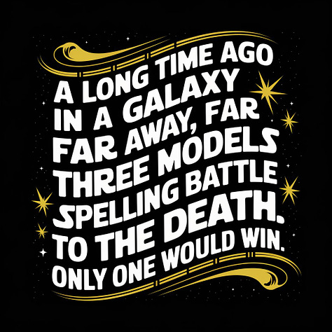 Yellow scrolling text against a black background: "A long time ago in a galaxy far, far away, three models fought a spelling battle to the death. Only one would win." by FLUX, Ideogram, and Recraft