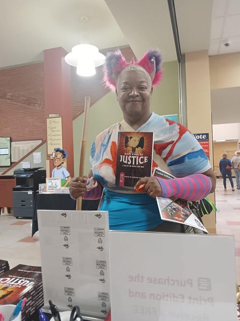 Gallery of images from Comic Con at Bosler Library in Carlisle, PA, featuring Ram Khatri sharing Justice: A Tale of the Nepali Civil War with American audiences, joining creators, artists, and librarians in celebrating diverse stories and resilience.