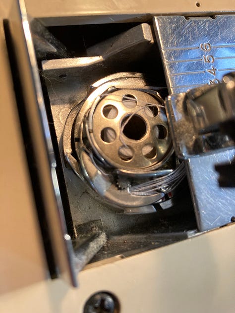 a series of six photos showing the progress of the 30 inch ottoman pouf including a shot of the thread wrapped around the bobbin holder of the sewing machine