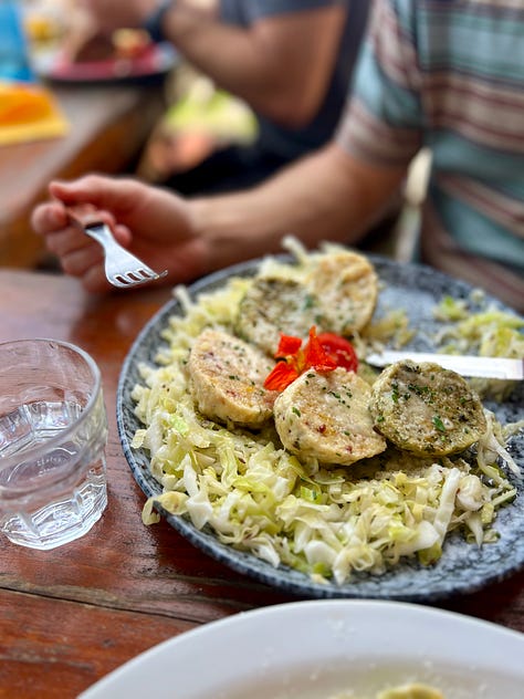 Sample of meals from the Italian Dolomites, including polenta with mushrooms, homemade ravioli with spinach, and canederli with cabbage salad