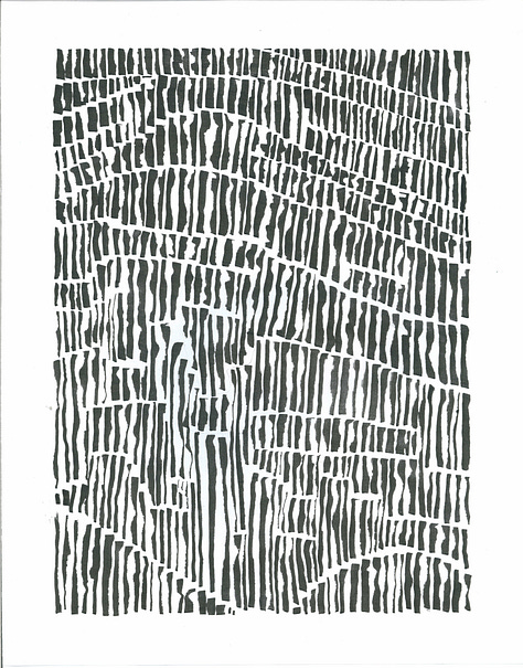 three images of black ink on paper in various designs.