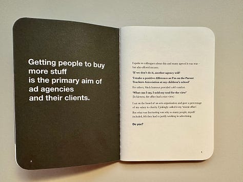 Photographs of a small blue book called "Looking Up", including one photo of the front cover, another photo of the introduction message on the book's first page, and another photo of a page reflecting on the purpose of ad agencies being to buy more stuff.