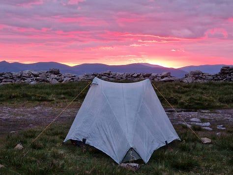 A selection of camping images on the summit of High Street including tent and sunset