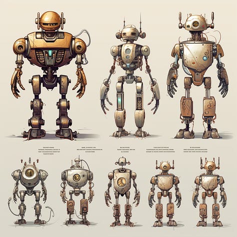 Motorbike, vase, robot + concept design sheet MJ prompt