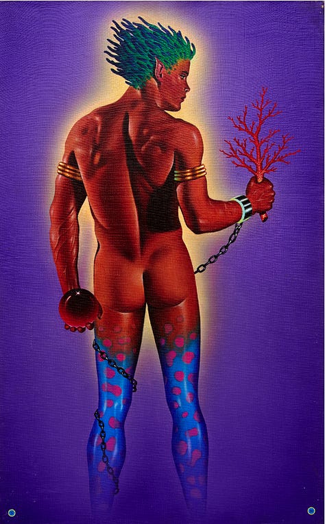 1) A purple background has a nude man in the center. His legs are half blue and purple polka-dotted, and he is holding an orange orb in his left hand behind his back. In his right hand, he is holding an orange tree, and his right hand is handcuffed, with chains going down his left leg. He has on gold bands around each bicep, and green spiky hair sticking out behind his head. 2) An Asian man with his eyes closed, has a tear streaming down his face. He is wearing a polka-dot headband, and he has short spiky hair. There is a galaxy behind him, and a zig-zag line with ink splotches going down his neck. 3) Sadao's name is up in the top center. It shows a black and white sketch of an Asian man wearing a polka-dot headband. He has a serene face and there is a patterned butterfly in his hair. 4) A black ripped man is standing on the right. His right arm isn't fully drawn, but he is holding a colorful stick. He has on a white thong, and is wearing blue eyeshadow. There are cutouts of other illustrations of men wearing makeup, and color swatches next to them. 5) The cover of a book is seen, with one of Sadao's artworks on the front. It's a muscular nude man, covered in colorful shapes, colors, and lines. He has pubic hair around his penis, and a mustache on his face. He is also wearing a hat, and there are multiple eyeballs throughout the image.