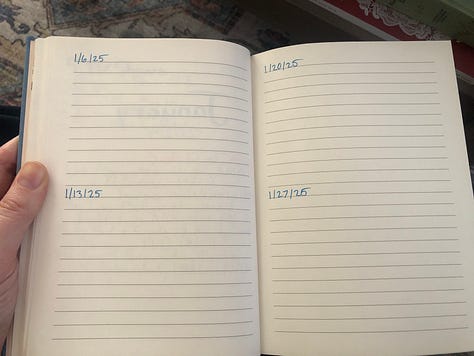 A series of handwritten journal spreads. (1) A blank journal spread with every January Monday date written in half pages (2) Journal spread that says January Questions and January Arrows (3) Journal spread that says "What was life giving?" on the left and "What was life draining?" on the right, (4) Journal spread that says Monthly Examen at the top and headers on each page -- Mind, Body, Spirit, Relationships, Work, Home, Resources, Creativity, and (5) Journal Spread that says "Good Things" at the top and four subheads - Read, Listened, Watched, Made.