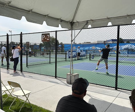 Pictures of players on pickleball courts in tournament play