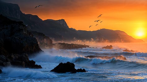 Majestic coastal cliffs bathed in the soft morning light, with waves crashing against the rugged rocks. Sea mist rises from the water, creating a dreamy, ethereal atmosphere. Seagulls soar above, silhouetted against the dawn sky.