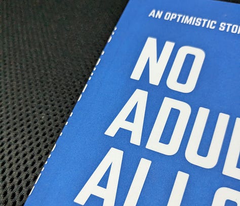 Three images demonstrating a misaligned spine on the cover of No Adults Allowed.