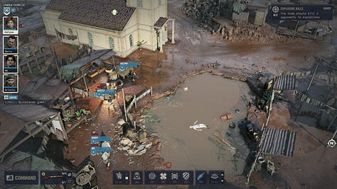 Screenshots of Jagged Alliance 3 by Haemimont Games. Some screenshots are in top-down perspective showing mercenaries in a level in the fictional African nation of Grand Chien and others are full pictures of NPCs (Non-Player-Characters) in dialogue with the player, or the map display in a diegetic UI.