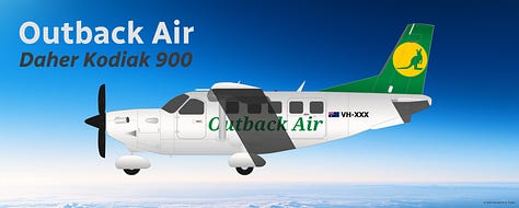 The current Outback Air fleet: 1) Aria V42qc Quick Change Combi, 2) Bombardier DHC-8 Q400QCC Combi, 3) Bombardier DHC-8 Q200, 4) Cessna 208B Grand Caravan, 5) Daher Kodiak 900, and 6) de Havilland Canada DHC-6-300 Twin Otter - all shown in side view.