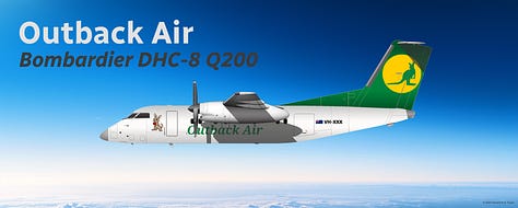 The current Outback Air fleet: 1) Aria V42qc Quick Change Combi, 2) Bombardier DHC-8 Q400QCC Combi, 3) Bombardier DHC-8 Q200, 4) Cessna 208B Grand Caravan, 5) Daher Kodiak 900, and 6) de Havilland Canada DHC-6-300 Twin Otter - all shown in side view.