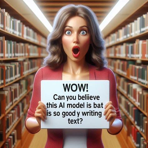 A woman with a shocked expression stands in the middle of a library. She's holding a sign that says "Wow! Can you believe this AI model is so good at writing text?” by DALL-E, FLUX, Ideogram, Imagen, Midjourney, Recraft. Stable Diffusion