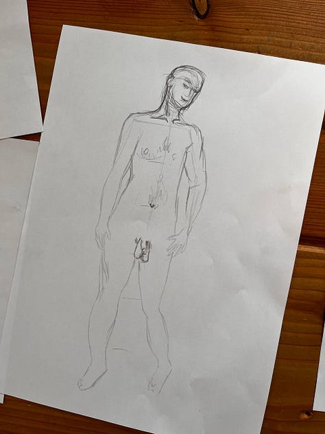 male nude model in life drawing hen party poses