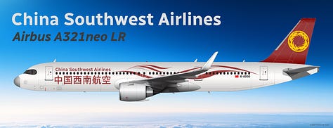 The current China Southwest Airlines fleet: 1) Comac C919, 2) Airbus A321LR, 3) Airbus A320neo, 4) Airbus A320-200, 5) Aria T102 Transonic, 6) Airbus A319-100.