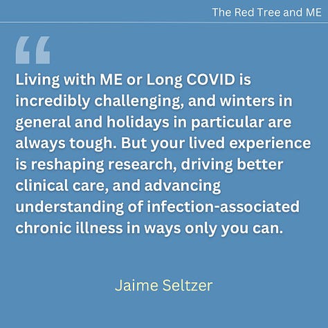 Living with ME or Long COVID is incredibly challenging, and winters in general and holidays in particular are always tough. But your lived experience is reshaping research, driving better clinical care, and advancing understanding of infection-associated chronic illness in ways only you can.    As always, I'm impressed by our community's thoughtfulness, empathy, and determination. Your strength isn’t just in enduring—it’s how you contribute to the change we all need.