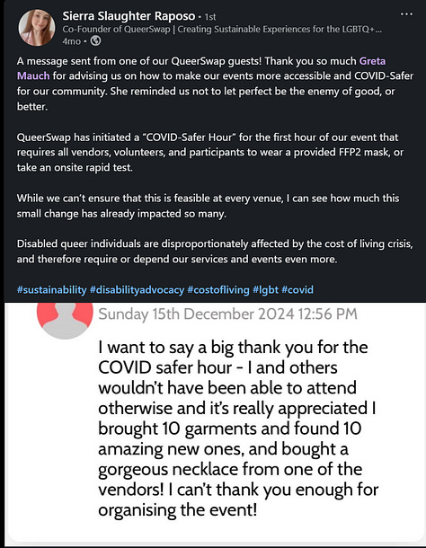 Several screenshots of positive comments on Breathe Easy London and QueerSwap's COVID Safer Hour