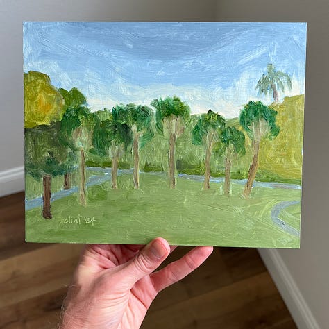 Three images of an oil painting featuring green grass, palm trees, and a sunset sky.