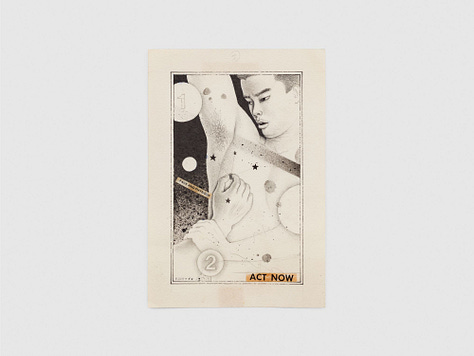 1) 3 works are seen hanging on a white wall. Each ones shows a different act of intimacy between two men. 2) A shirtless man is seen with another hand reaching out to pinch one of his nipples. There are ink blotches and black stars on him. There is some black text with a yellow background that says Act Now in the bottom right corner. 3) A piece showing two men kissing is seen. There are ink splotches all around them, on some on their chest and neck. They are French kissing, and there is the number 1 in the top left corner, with the number 2 on the first man's neck. The piece is in black and white. 4) A naked man is laying down, with another man sucking his dick. He is making a face of pleasure, and there is a circled 1 in the middle of his chest. There are wings around him as well, and a circled 2 on his arm. 5) A rectangular black frame with a black matte has an art piece in the middle. There are two men, who appear like statues standing amongst light blue thorny vines on a dark red background. There are a few color splotches on their faces and in their hair. 6) A square black frame holds a light yellow matte, with the artwork in the center. The art features a giant muscular rock-man, who has chiseled legs and a chiseled penis. There is another man's face in the bottom right corner, looking worried. There is a planet in the background, and some pieces of the planet moving around in the background.
