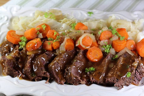 Nine photos in sequence from preparing the brine to cooking corned beef brisket with carrots, onions, and cabbage, to cutting and serving family style.