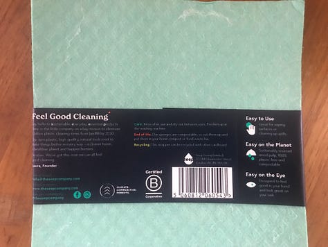 Three images: the back of the packaging box for my plastic-free rubber household cleaning gloves from The Seep Company; label for a zero plastic Eco Sponge Cloth from The Seep Company; socks put to re-use for cleaning and mopping to reduce the need for sponges and paper towels