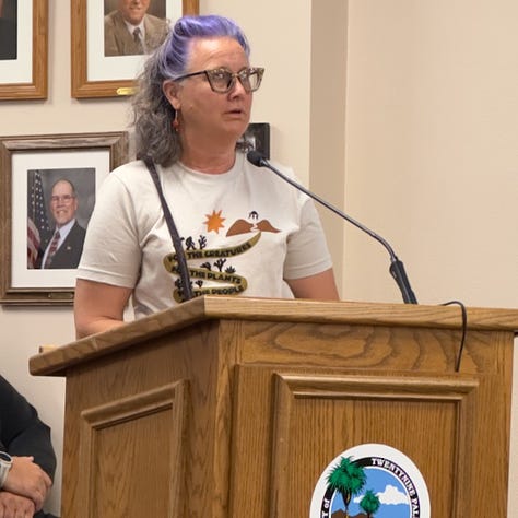 Wendy Hunt, Anna Stump, Gretchen Grunt, Eileen Leslie, Mary Jane Binge and Marco Del Piero speaking during public comment in support of the 29 Palms' Farmers Market 