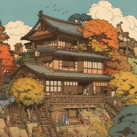 Mansion, bicycle, river ukiyo-e art by Midjourney